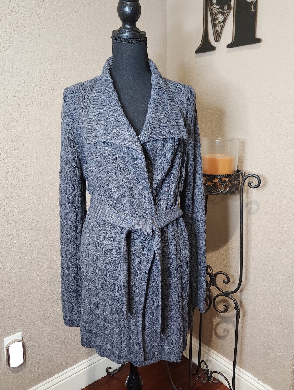 Talbots Long Gray Cable Knit Cardigan W/belt Size Medium EUC